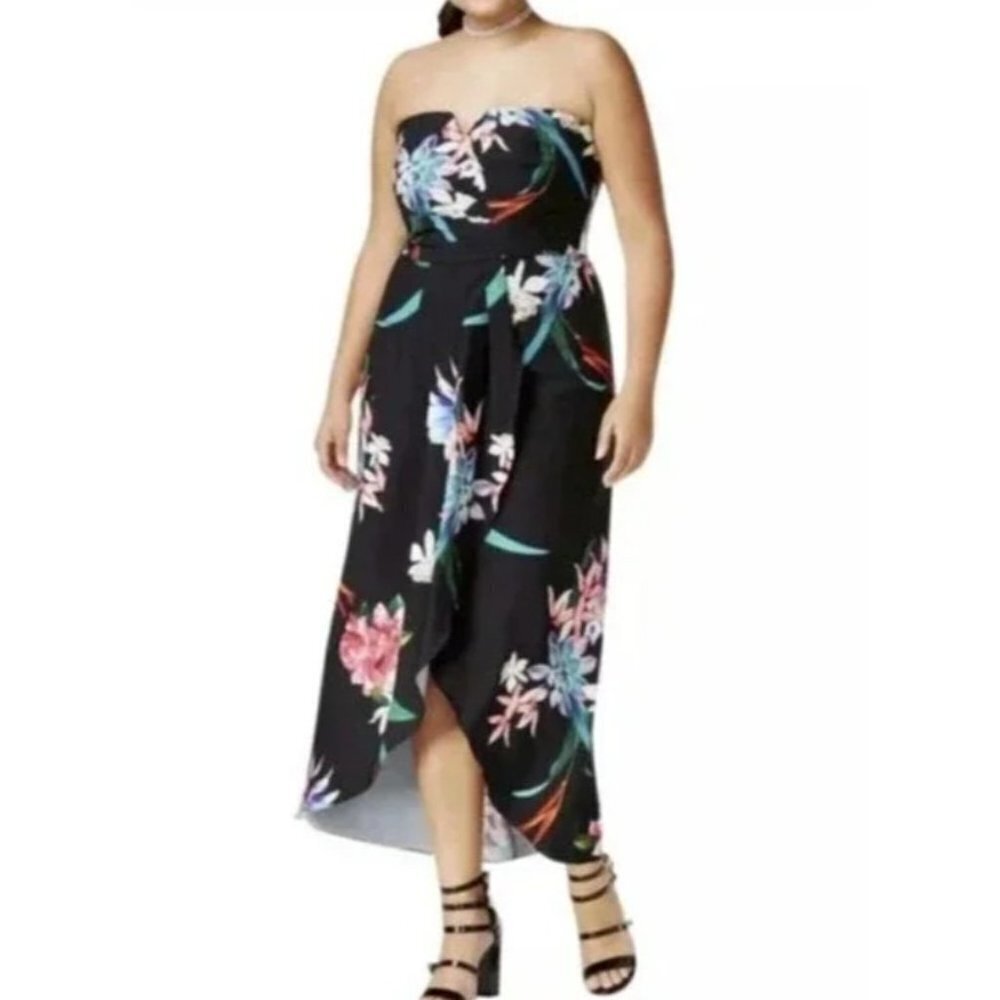 NEW City Chic Black Tropical Flower Print Strapless Maxi Wrap Dress Size XXL